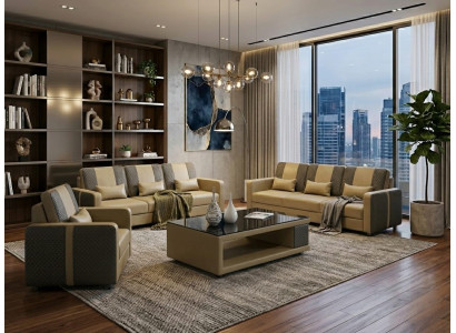 Leder Sofa Set 3+3+1 Modern Beige Grau Couch Design Polstergarnitur *