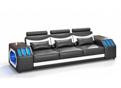 3-Sitzer Ledersofa Modern Schwarz Weiß Elegant LED Ablage Komfort *