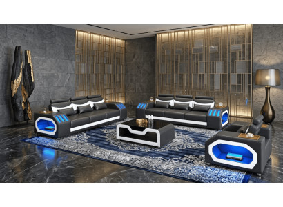 Sofa Set 3+3+1 Modern Weiß Schwarz Premium LED Couchtisch Komfort *