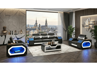 Sofa Set 3+1+1 Modern Schwarz Weiß Premium LED Couchtisch Komfort *