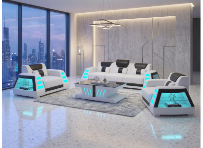 3 Sitzer Sofa 2 Sessel Weiß LED Design Couch Set Modern Wohnzimmer *
