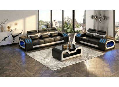 Sofa Set 3+2 Modern Schwarz Weiß Premium LED Luxus Komfort Elegant *