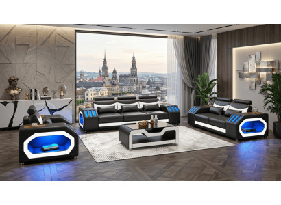 Sofa Set 3+2+1 Modern Schwarz Weiß Premium LED Couchtisch Luxus Top *