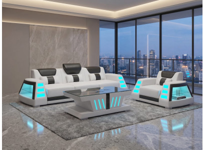 3 Sitzer Sofa Sessel Weiß LED Design Praktisch Set Modern Wohnzimmer *