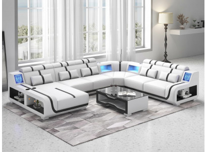 Wohnlandschaft U-Form Weiß Schwarz Couch Couchtisch Wohnzimmer Set *