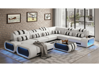 Modern Wohnlandschaft U-Form Couchtisch Weiß LED Sofa Set Komfort *