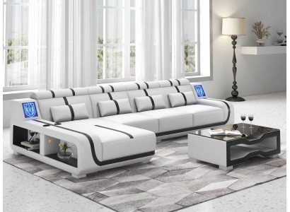 Ecksofa L-Form Weiß Schwarz LED Couchtisch Wohnzimmer Design Möbel *