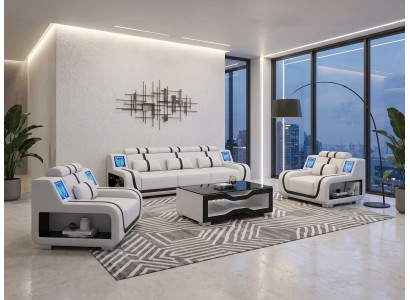 Sofa Set 3-Sitzer 2x Sessel Weiß Schwarz LED Wohnzimmer Couch Design *