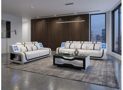 Sofa Set 3-Sitzer 2-Sitzer Weiß Schwarz LED Wohnzimmer Couch Design *