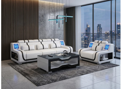 Sofa Set 3-Sitzer Sessel Weiß Schwarz LED Wohnzimmer Couch Design *