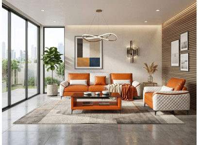 Sofa Set 3+1 Modern Leder Orange Couch Sessel Design Polstergarnitur *