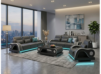 Sofa Set 2x 3-Sitzer Sessel Schwarz LED Wohnzimmer Couch Design Möbel *