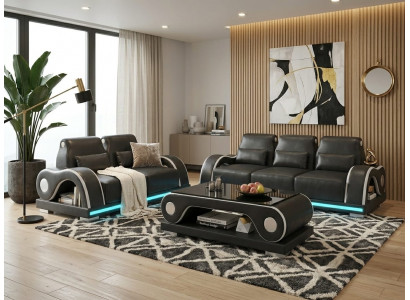 Sofa Set 3-Sitzer 2-Sitzer Schwarz LED Wohnzimmer Couch Design Möbel *