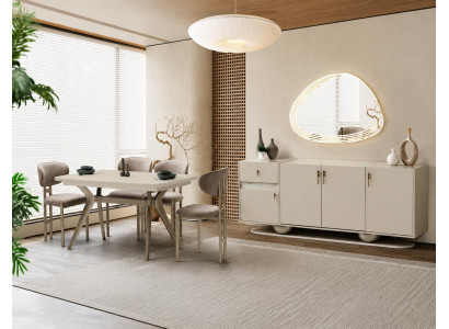 Esszimmer-Set Esstisch 4x Stühle Sideboard Spiegel Modern Beige