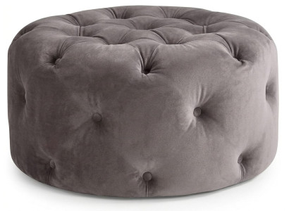 Grauer runder gesteppter Hocker weicher Fußhocker Chesterfield Wohnzimmer
