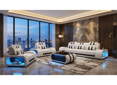 Sofa Set 3+1+1 Modern Weiß Schwarz Premium LED Couchtisch Komfort *