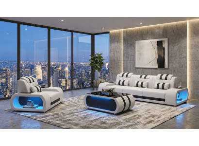 Sofa Set 3+1 Modern Weiß Schwarz Premium LED Luxus Komfort Elegant
