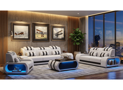 Sofa Set 3+2+1 Modern Weiß Schwarz Premium LED Couchtisch Luxus Top *