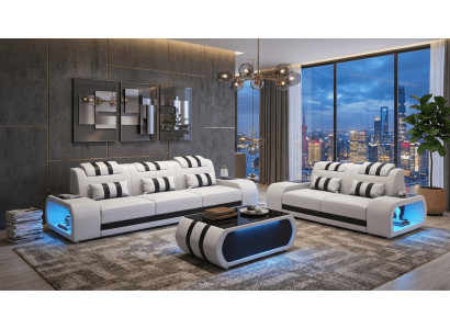 Sofa Set 3+2 Modern Weiß Schwarz Premium LED Luxus Komfort Elegant