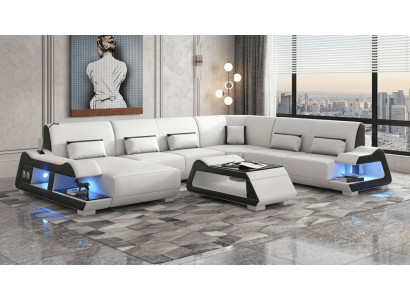 Modern Wohnlandschaft U-Form Couchtisch Weiß LED Sofa Set Couch Design *