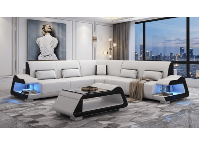 Modern Ecksofa L-Form Couchtisch Weiß LED Sofa Set Elegant Design *