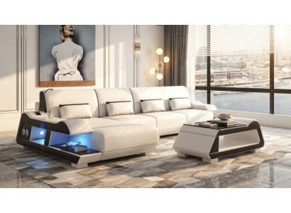 Modern Ecksofa L-Form Couchtisch Weiß LED Sofa Set Elegant Design *