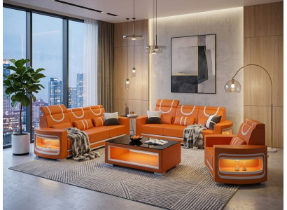 Sofa Set 2x 3-Sitzer Sessel Orange Weiß Wohnzimmer Couch Design Möbel *