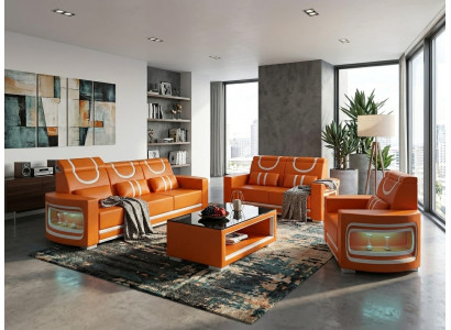Sofa Set 3-Sitzer 2-Sitzer Sessel Orange Weiß Wohnzimmer Design Couch *