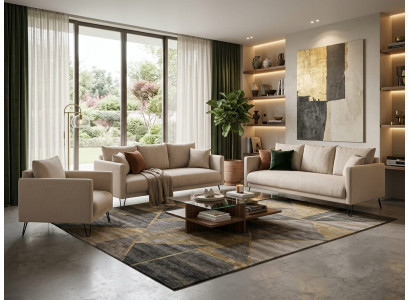 Beiges Wohnzimmer-Set: 3+3+1-Sitzer-Sofas moderne Textil  Wohnzimmermöbel