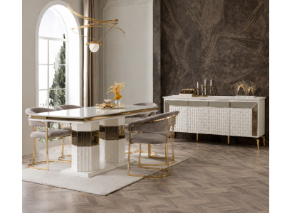 Elegantes Esszimmer Set Edler Esstisch 4x Stoffstühle Holz Sideboard
