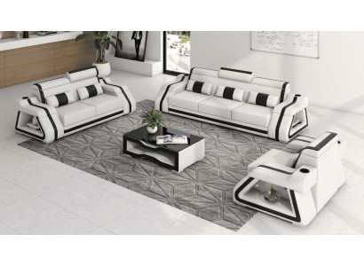 Sofa Set 3+2+1 Modern Weiß Schwarz Premium LED Couchtisch Luxus Top *