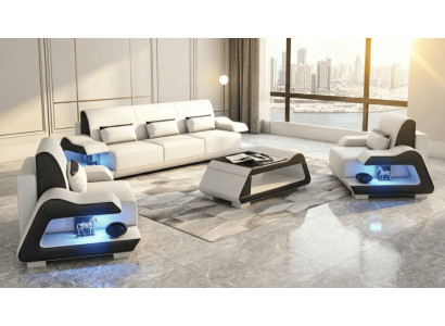Sofa Set 3+1+1 Modern Weiß Schwarz Premium LED Couchtisch Komfort *