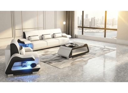 Sofa Set 3+1 Modern Weiß Schwarz Premium LED Luxus Komfort Elegant *
