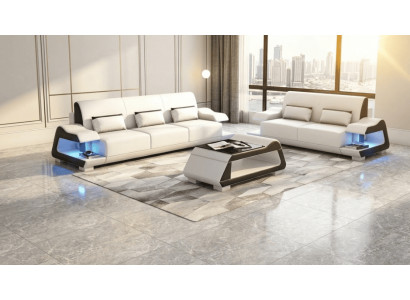 Sofa Set 3+2 Modern Weiß Schwarz Premium LED Luxus Komfort Elegant *