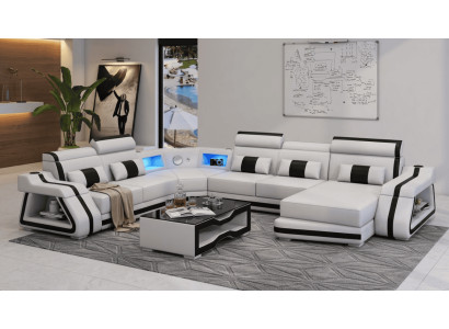 Modern Wohnlandschaft U-Form Couchtisch Weiß LED Sofa Set Couch Design *