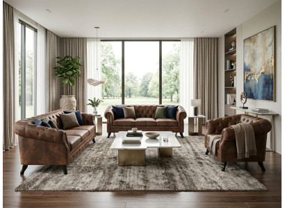 Braunes Wohnzimmer-Set 3+3+1-Sitzer-Sofas Ledersofas Chesterfield