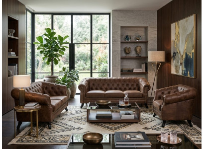 Braunes Wohnzimmer-Set 3+2+1-Sitzer-Sofas Chesterfield Ledersofas