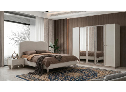 Schlafzimmer-Set Schrank Bett Kopfteil 2x Nachttische Modern Beige