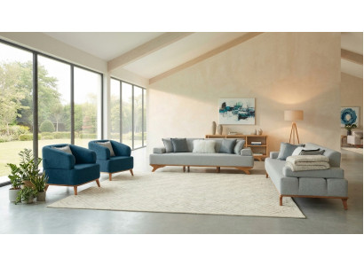 Blau-Graue Textilgarnitur Edle Sitzgruppe Sofas Loungesessel 4tlg