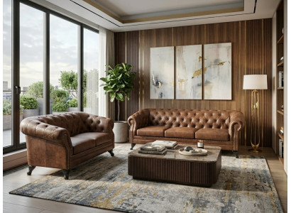Klassisches braunes Wohnzimmer-Set 3+2-Sitzer-Sofas Chesterfield Wohnzimmer