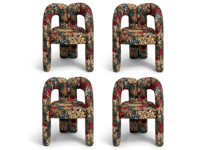 Stuhl Set Design Tropisch Stoff Muster Bunt Skulptural Monolithisch
