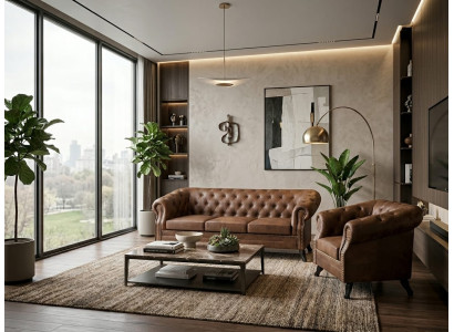 Braunes Wohnzimmer-Set 3+1-Sitzer-Sofas  Ledersofa und Sessel Chesterfield