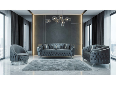 Chesterfield Graue Polstergarnitur Designer Sitzgruppe Stoffsofas