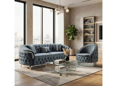 Graue Moderne Chesterfield Sofagarnitur Stilvoller 3-er Textilsessel