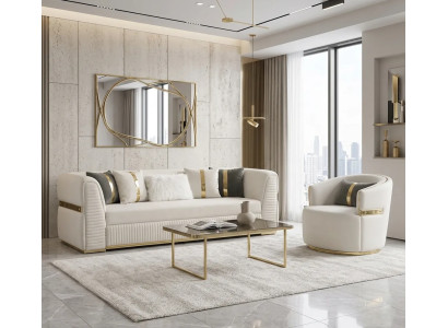 Hochwertige Weiß-Goldene Stoffgarnitur Edle Wohnzimmer Sofas Sessel