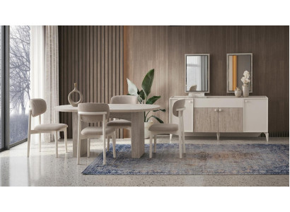 Luxuriöses Beiges Esszimmer Set Designer Esstisch 4x Stühle Spiegel