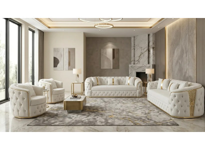 Elegante Weiß-Goldene Chesterfield Garnitur Polstercouch Sessel