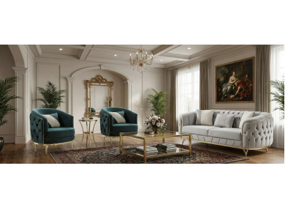 Luxuriöse Chesterfield Sitzgarnitur Stoffsofa 2x Polstersessel