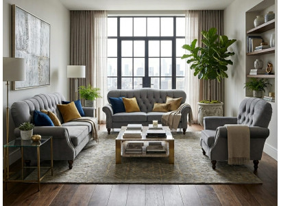Graues Wohnzimmer-Set 3+3+1-Sitzer-Sofas und Sessel Sofagarnitur Wohnzimmer