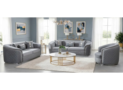 Graue Wohnzimmer Polstergarnitur Exklusive 3-Sitzer Sofas Sessel